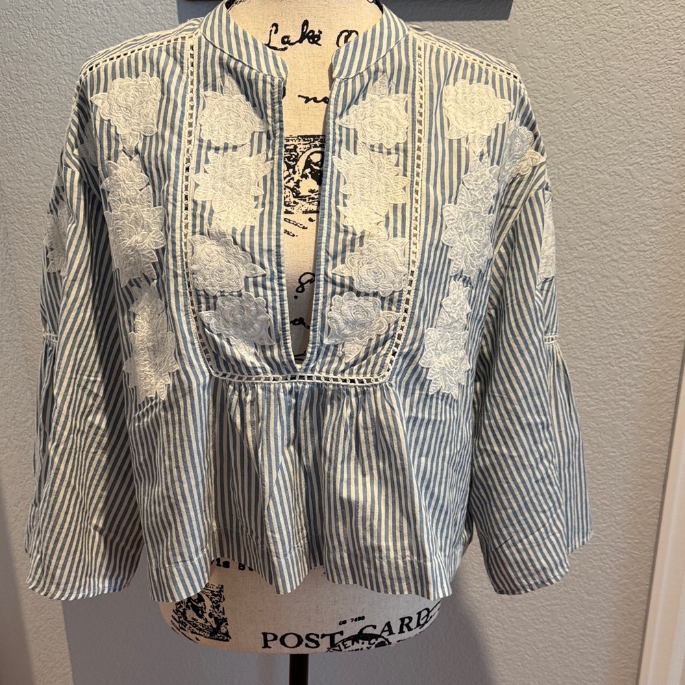 Free People Striped Blue and White Women's Top
